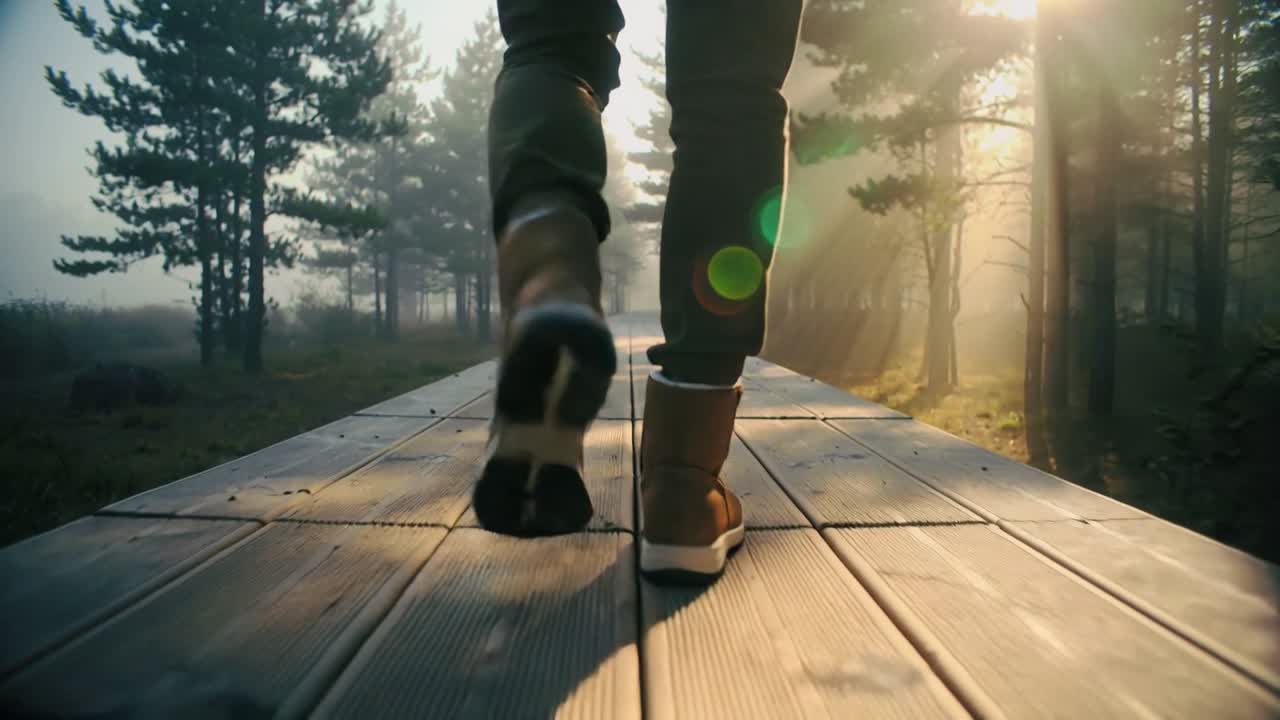 Video verticale: Un uomo che cammina lungo una passerella, oltre pini avvolti nella nebbia, con pantaloni scuri e stivali di pelliccia.