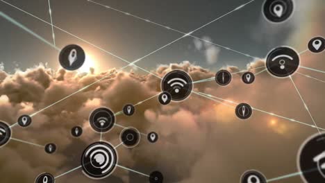 animación de la red de conexiones de iconos con wi-fi sobre nubes
