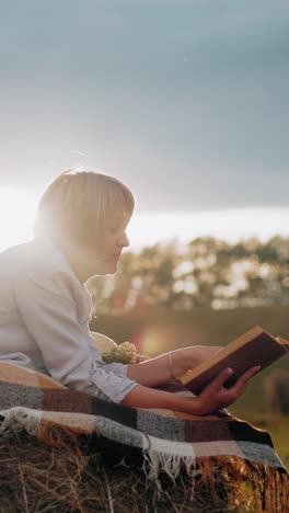 mujer acostada en una bola de heno con una manta a cuadros, leyendo un libro y volviendo a una nueva página mientras la luz del sol brillante brilla a su alrededor en un campo abierto sereno