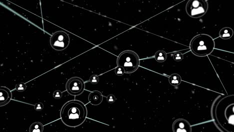 Animation-of-snow-falling-and-network-of-connections-with-icons-over-black-background