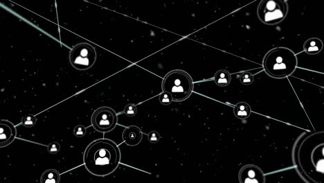 animación de la caída de nieve y la red de conexiones con iconos sobre fondo negro