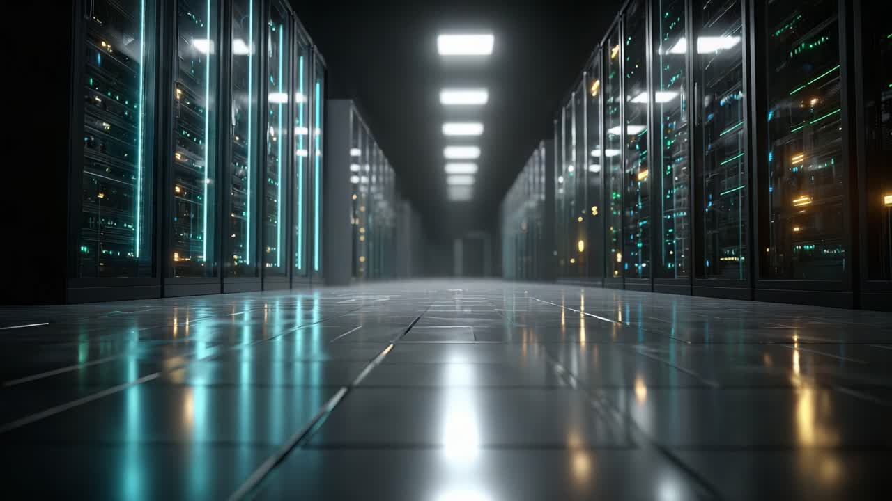A Stunning View Inside a Modern Data Center Showcasing Rows of Sleek Server Racks Illuminated by Vibrant LED Lights in a Highly Secure Environment
