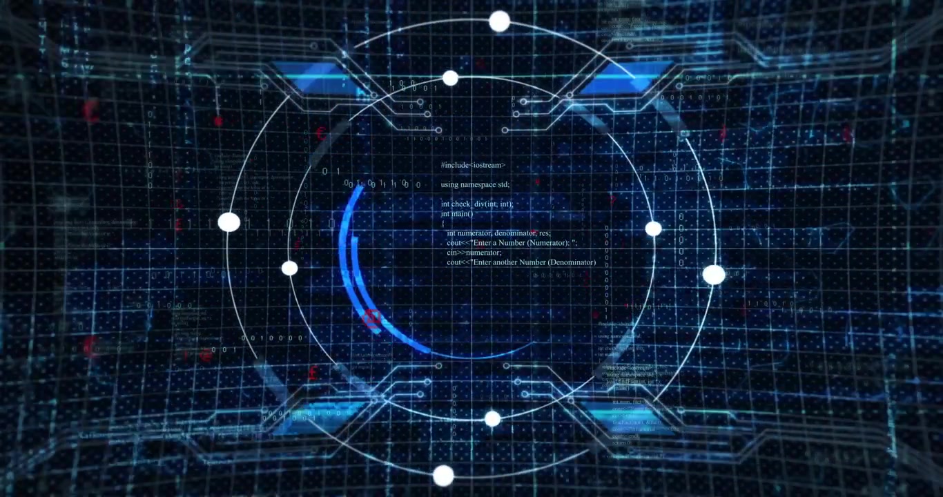 HUD ring appearing initiating blue arc rotating nodes pulsing code scrolling showing system status