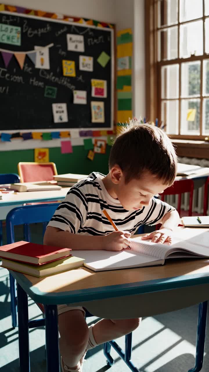 A child in a sunlit classroom, focused on writing. Captured from a side angle, this video concept