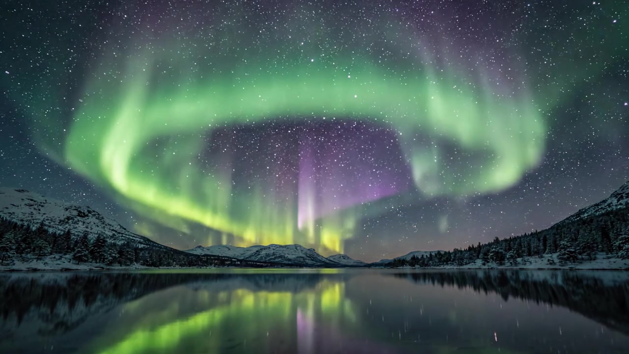 Uno spettacolo maestoso dell'Aurora Boreale che illumina il cielo notturno sopra un lago sereno, catturando le meraviglie dello spettacolo celeste della natura