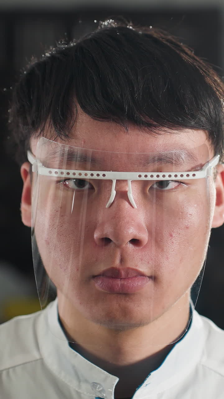 색 실험실 코트를 입은 자동차 엔지니어가 자동차 작업장에서 보호 유리를 조정합니다. 배경에는 기계, 산업 도구 및 흐릿한 작업 공간의 녹색 빛이 있습니다.