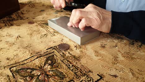 Coin Evaluator. The collector of coins. The man considers ancient coins.