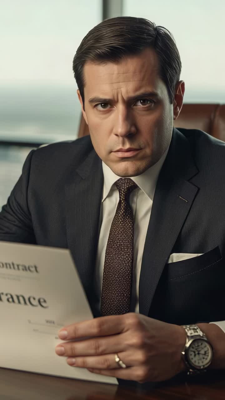 Vertical video: Reading man in dark suit studying contract and insurance at desk in office, ring