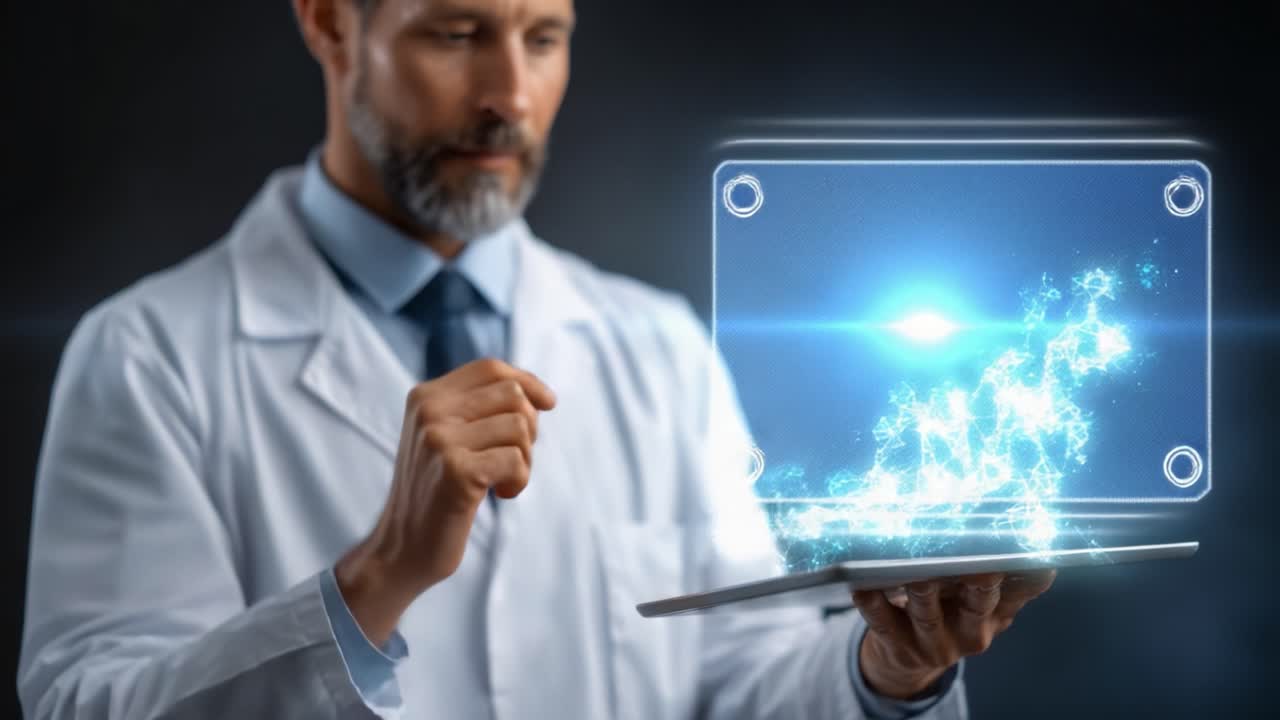 Un científico con tecnología holográfica: explorando innovaciones digitales en un entorno de laboratorio con enfoque en la manipulación de luz y datos