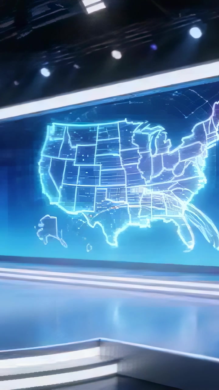 Vertical video: Starting neon US map animation light trails moving to NE on LED wall for broadcast
