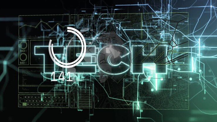 TECH text animation over digital circuit and network graphics