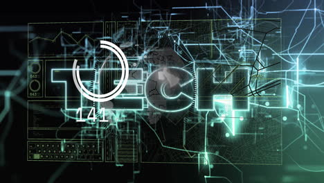 animación de texto técnico sobre circuitos digitales y gráficos de red