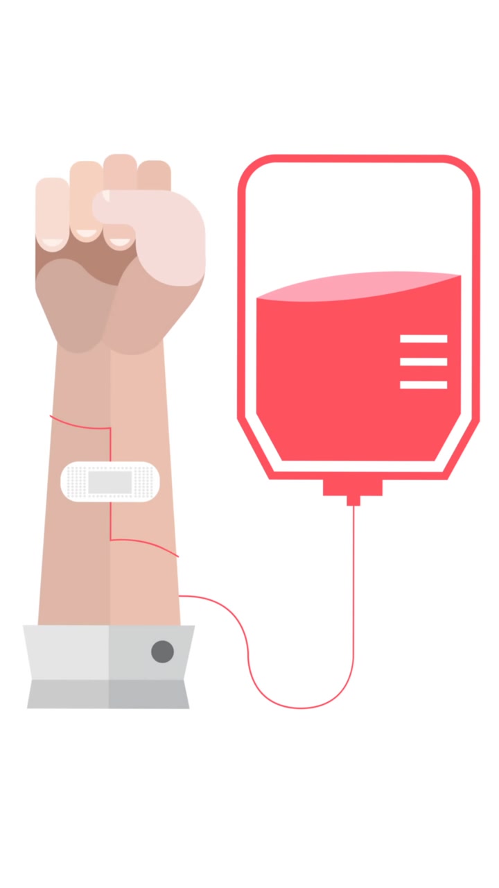 Animazione di illustrazione di sacca per la raccolta del sangue e braccio, logo della donazione di sangue, su sfondo bianco