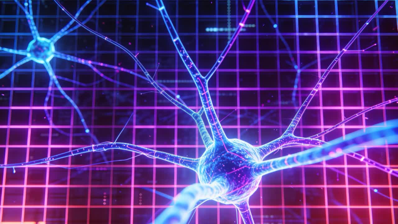 Camera shifting, blue neuron sending pulses along branches on neon grid showing data flow