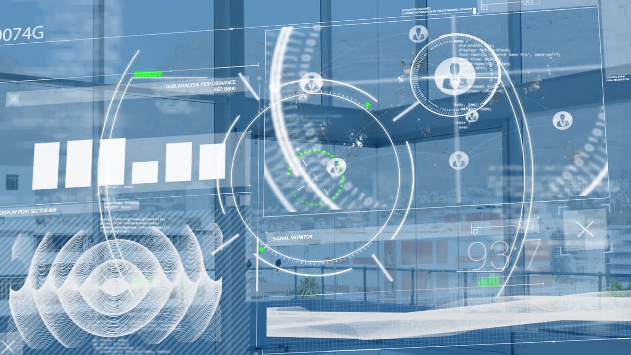 Animation of globe over scope scanning over cityscape