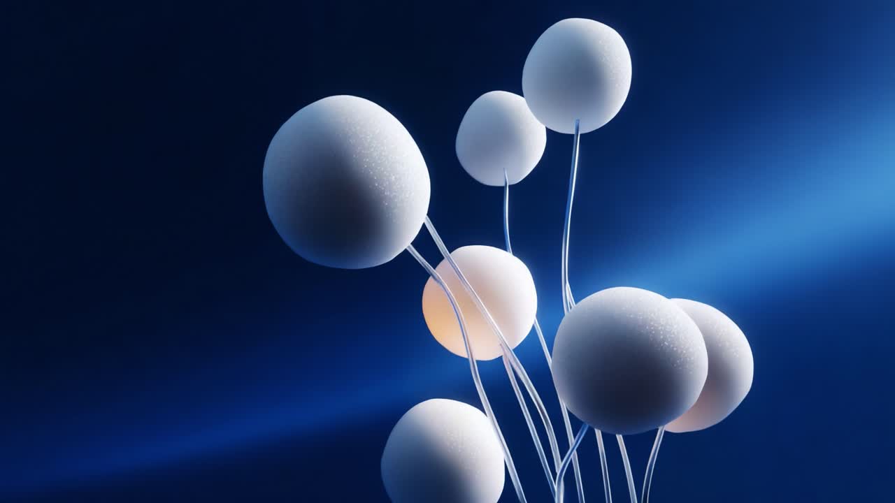 A Collection of Elegant Spheres with Delicate Stems Against a Deep Blue Backdrop, Highlighting the Aesthetic Beauty of Organic Shapes and Textures in an Artistic Display of Light and Color