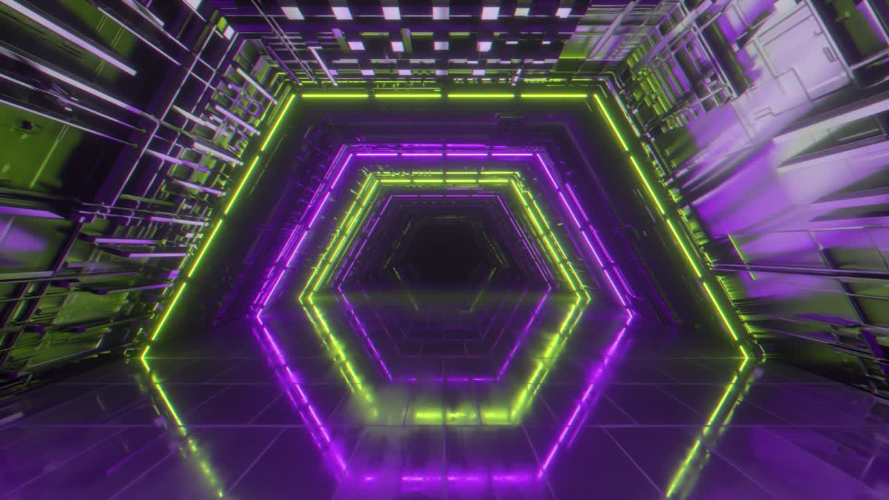 volando en un brillante túnel geométrico de neón. tecnología futura. espectro de colores moderno. interior de la habitación con lámparas fluorescentes de neón brillantes. fondo de arquitectura futurista. bucle de costuras 3d render