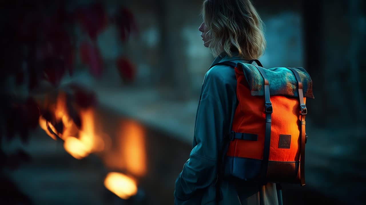 A Solitary Figure in a Dark Outdoor Setting Showcases a Vibrant Orange Backpack, Highlighting the Contrast of Color Against the Dimly Lit Background and Creating a Mysterious Atmosphere