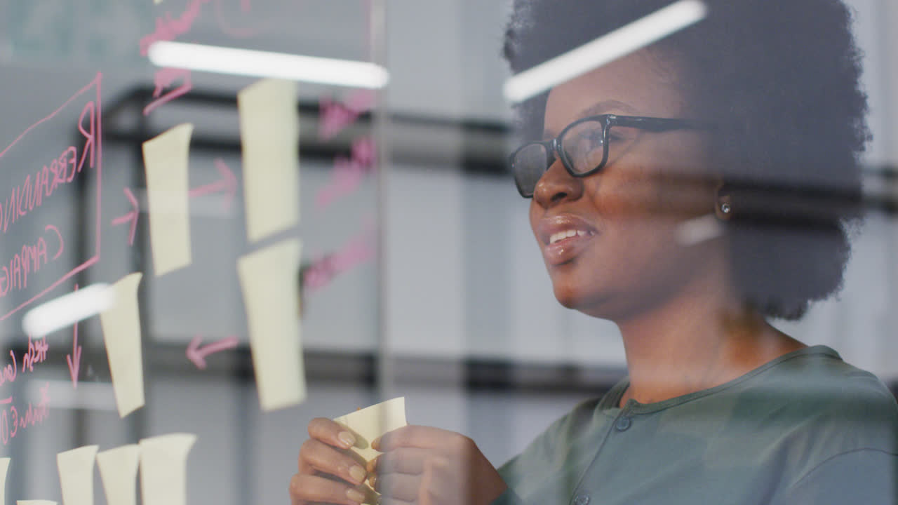 Smiling african american businesswoman brainstorming using memo notes on glass wall in office