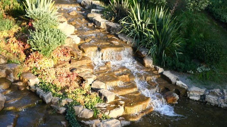 ein kaskadierender wasserfall in einer gartenumgebung