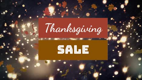 thanksgiving sale text banner against maple leaves floating and spots of light