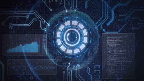 animation of scope scanning and data processing on screens with circuit board elements