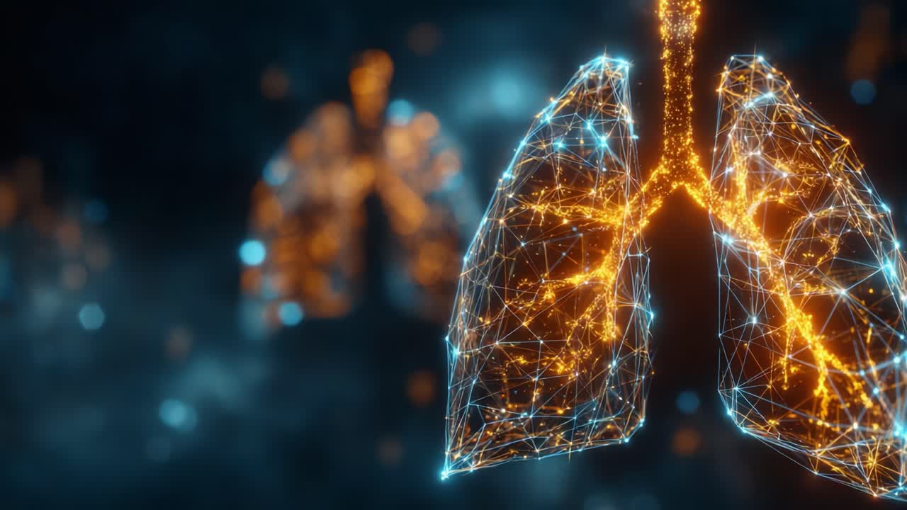Una visualizzazione mozzafiato dei polmoni umani rappresentati come una struttura digitale high-tech, che evidenzia la loro intricata connettività e funzionalità nel sistema respiratorio