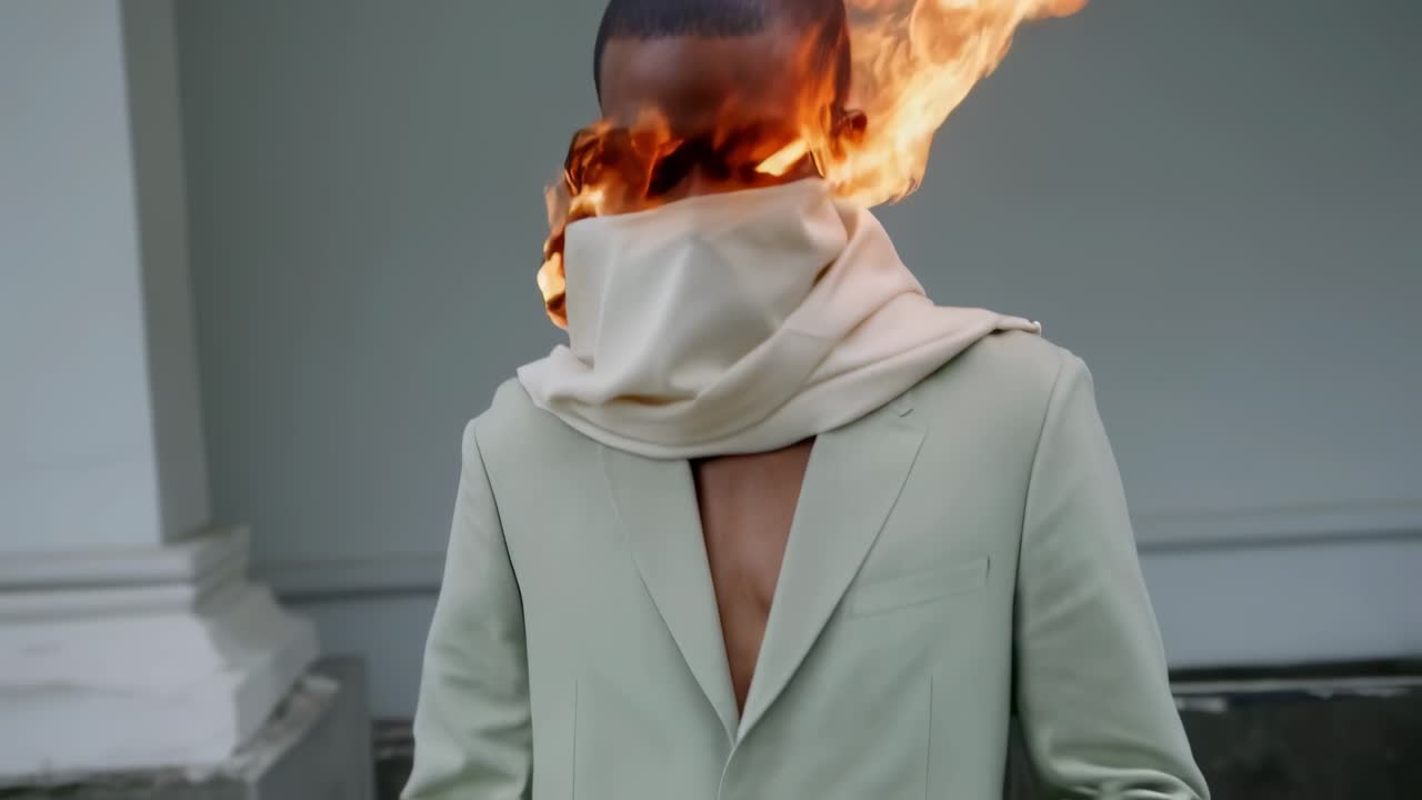 Sophisticated businessman wearing light green unbuttoned suit with white scarf burning dramatically, covering face while conveying mysterious high fashion concept