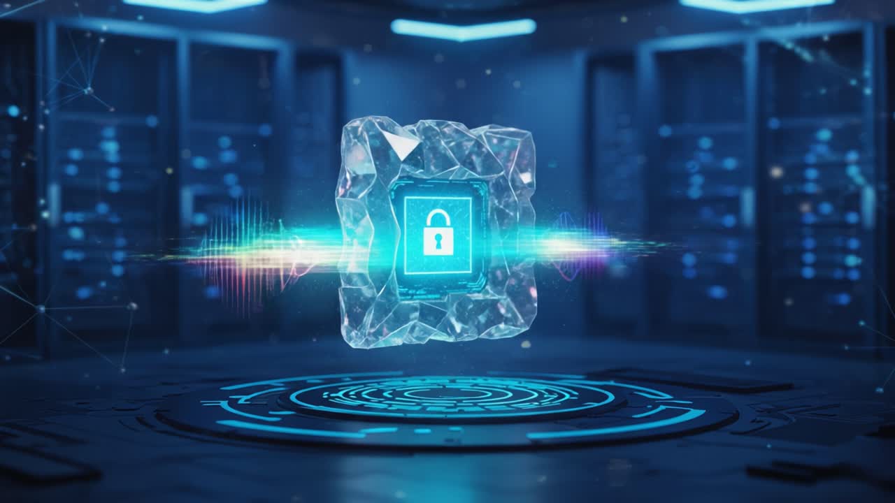 A Stunning Visual Representation of Digital Security: A Glowing Lock Enclosed in a Crystal-Like Structure Amidst a High-Tech Server Environment