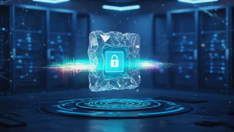 a stunning visual representation of digital security: a glowing lock enclosed in a crystal-like structure amidst a high-tech server environment