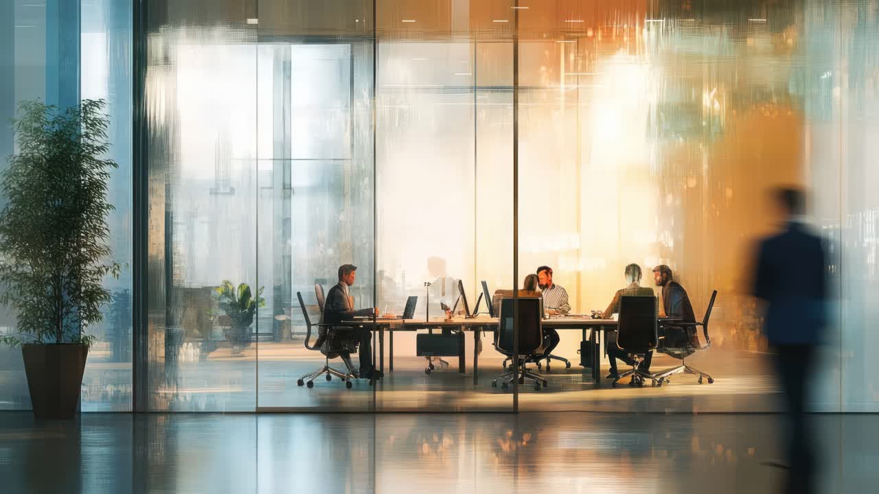 Wide-angle shot of a modern office meeting, glass walls, warm lighting, video conference
