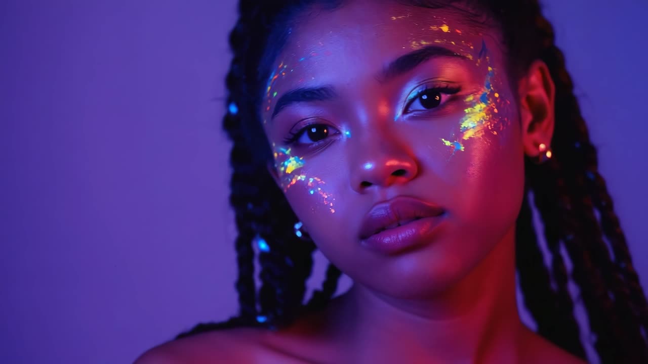 Close-up Portrait of a Woman with Neon Face Paint Under UV Light