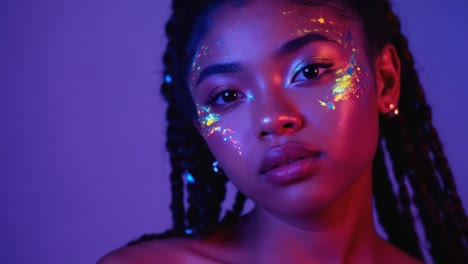 close-up portrait of a woman with neon face paint under uv light