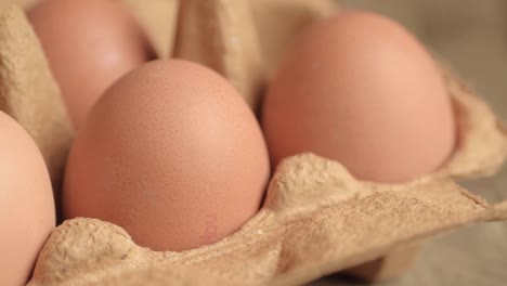 frische braune eier in einer eierschachtel-pfanne, makro-nahaufnahme