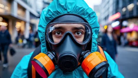 a man wearing a gas mask in the middle of a busy city street