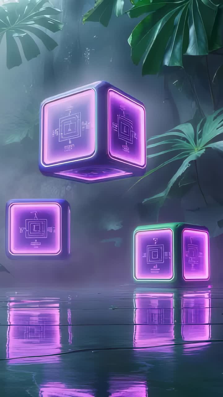 Vertical video: Emerging neon cubes hovering above misty pond at dawn, pulsing magenta circuits