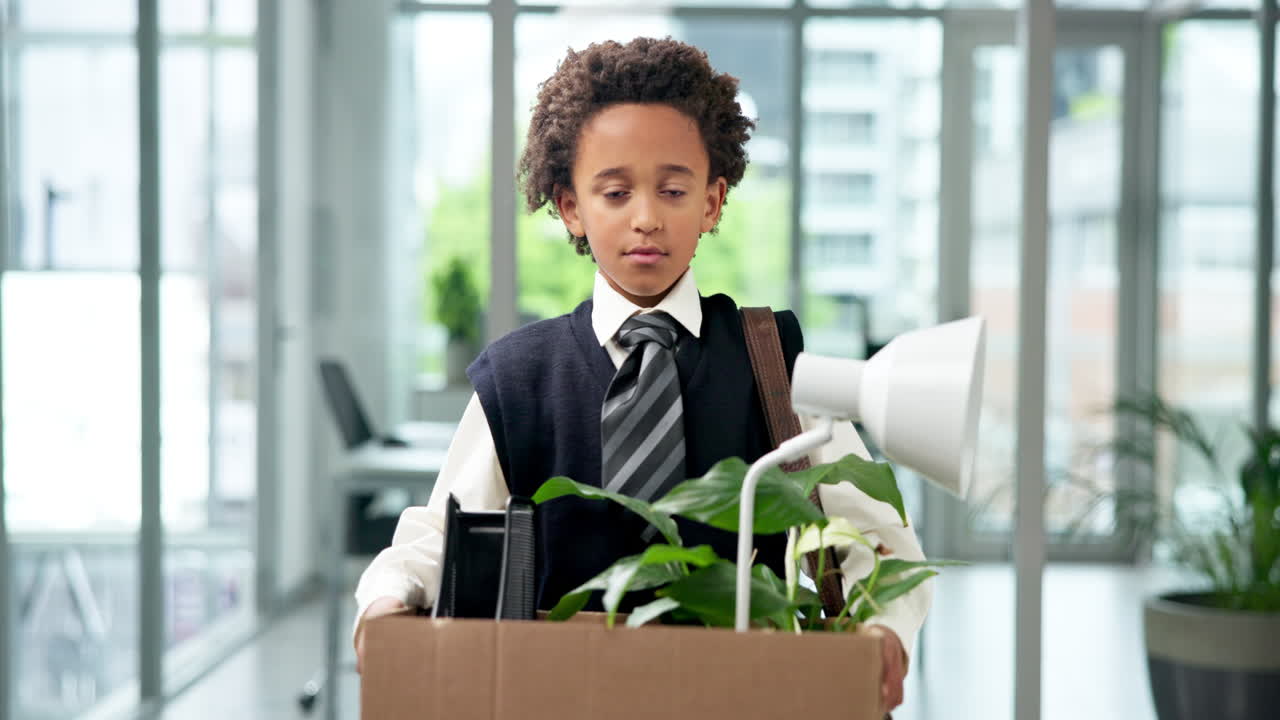 Young boy with a cardboard box in an office
