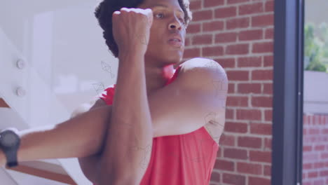 stretching arm, man in red shirt with animation of geometric shapes overlay