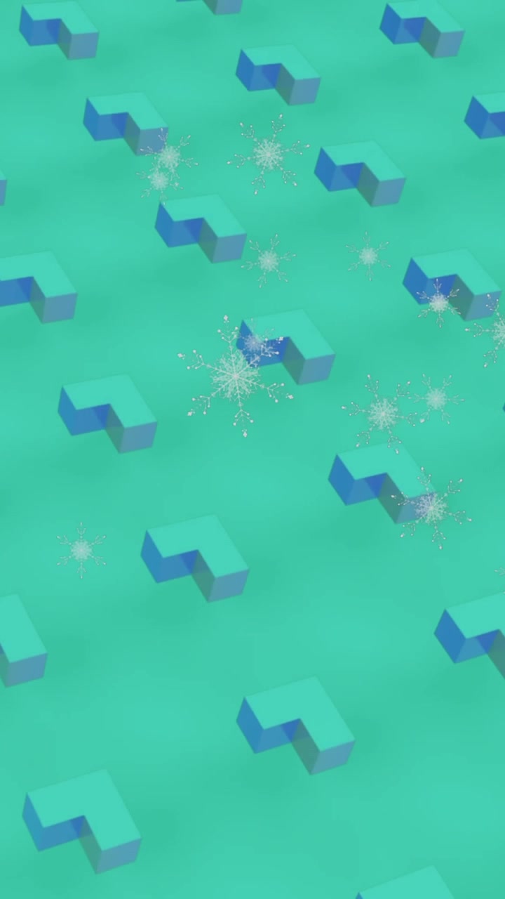 Animation of white particles falling over 3d structures in seamless pattern against green background