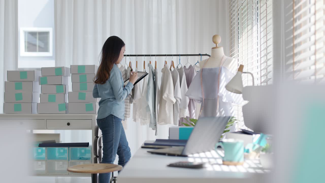 joven atractiva hermosa hipster asiática mujer propietaria de una tienda de moda usar tableta digital comprobar ropa de stock o caja de paquetes en el estante de ferrocarril en la oficina de casa pequeño empresario de comercio electrónico.