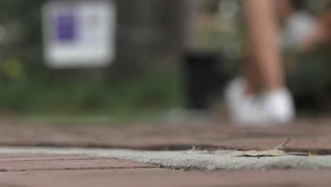 Low-angle-of-brick-path-as-college-students-walk-past,-extreme-close-up