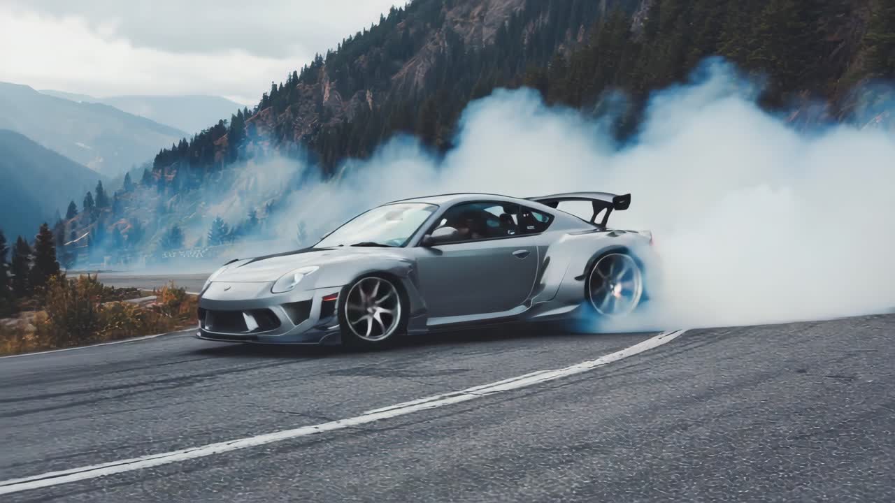 High-Performance Sports Car Drifting on a Mountain Road