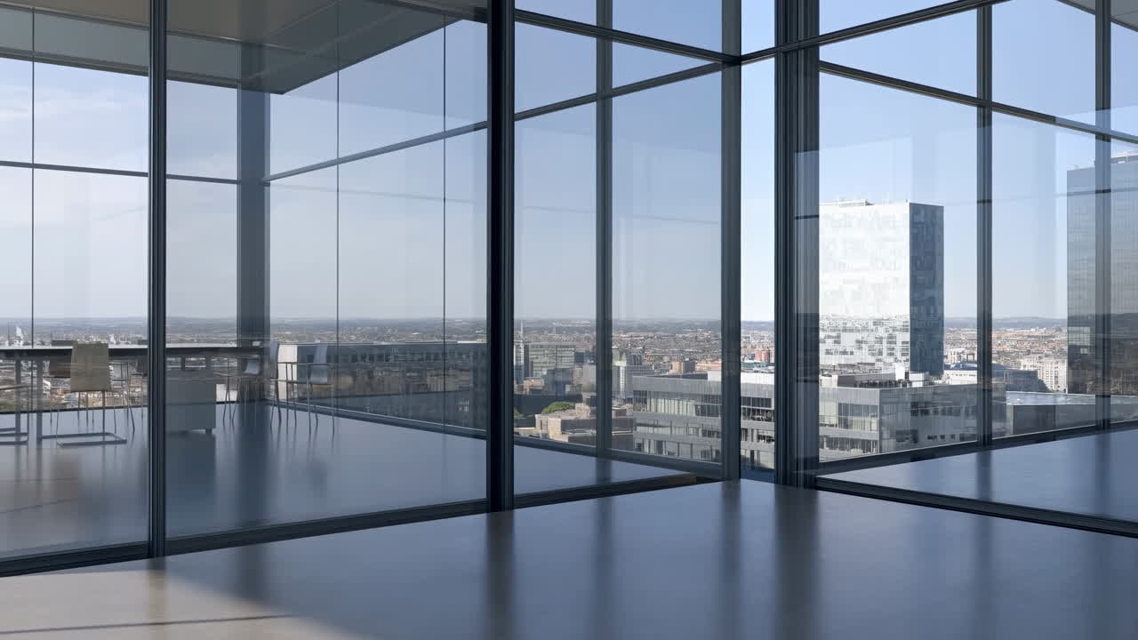 Interior de oficina moderna vacía con grandes ventanales y vista al horizonte de la ciudad