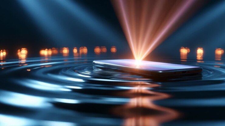 Un’accattivante scena visiva con uno smartphone che illumina superfici d'acqua increspata con raggi di luce vibranti e il tremolio della luce di una candela sullo sfondo, creando un'atmosfera tranquilla e affascinante