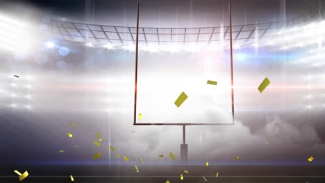 animation of gold confetti falling over american football pitch at stadium