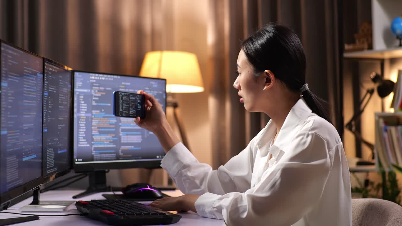 Asian Woman Programmer Looking At Desktop Computer Screen And Using Smartphone While Creating Software Engineer Developing App, Program, Video Game At Home