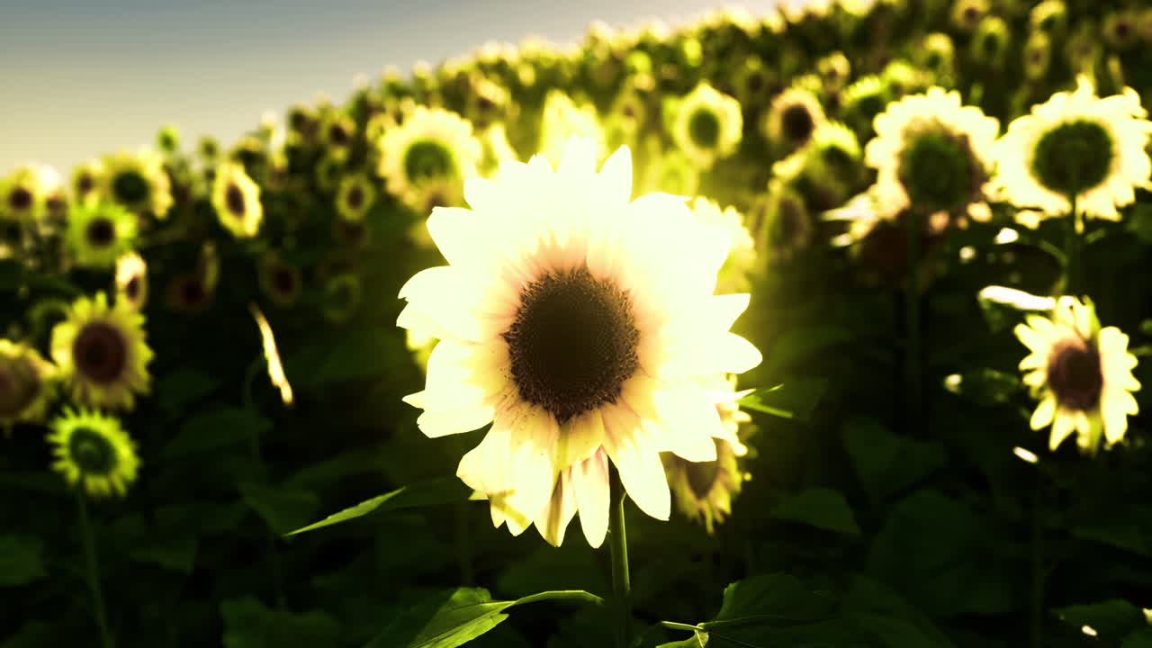 Vibrant sunflowers stretch towards the sun in a blooming field during sunset