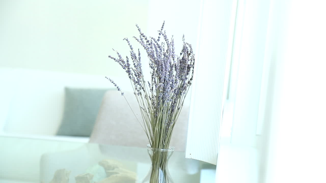 Centre de table avec plante de lavande sur une table en verre d'un appartement moderne à Santa Monica, Los Angeles, Californie