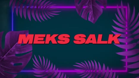 Animation-of-mega-sale-text-in-red-with-frame-of-purple-leaves-on-black-background