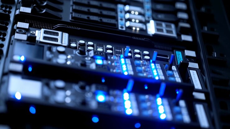 Slow close-up movement passes over stacked electronic boards inside dark equipment housing, with vivid blue LEDs, metal connectors, switches, and selective focus shifting across components.